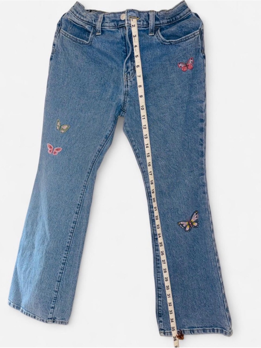 Old Navy  Blue Denim Flare Jeans with Butterfly Embroidery. Size girls 18 - Picture 5 of 8